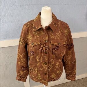 Caribbean Joe Brown Floral Jean Jacket SZ Large Western Button Down TurningLeaf